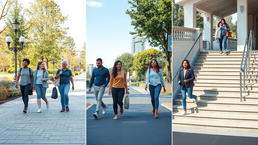 평지, 경사로, 계단 등 여러 환경에서 걷는 사람들을 보여주는 장면
