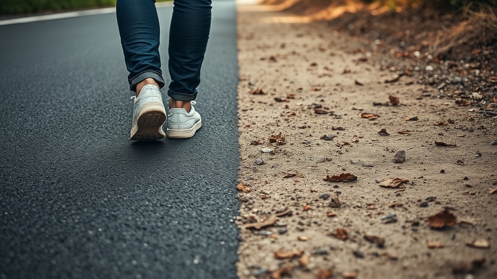 아스팔트 포장도로와 흙길에서 걷는 모습을 나란히 보여주는 비교 이미지
